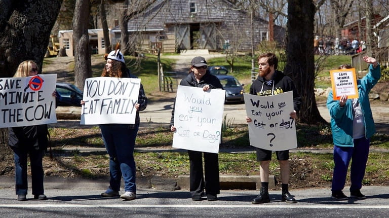 Protesters hold signs outside of Benner's Farm in East Setauket...