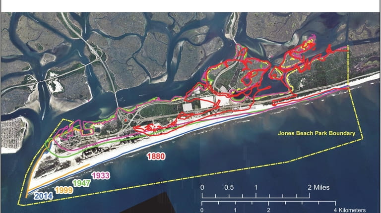 A recreated map of Jones Beach State Park is color-coded...