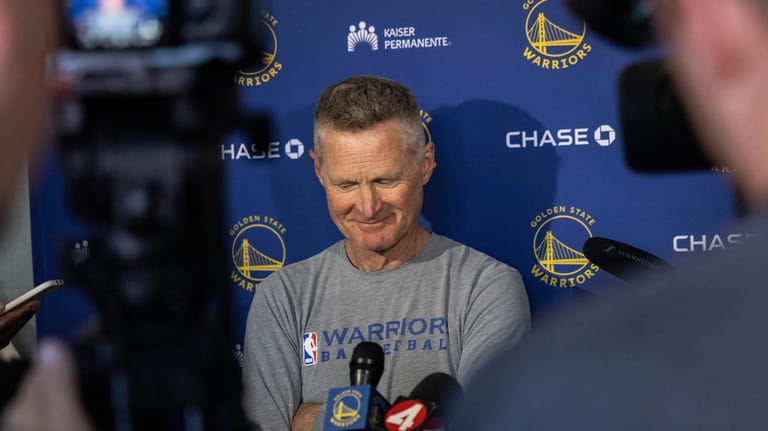 Golden State Warriors Head Coach Steve Kerr speaks to reporters...