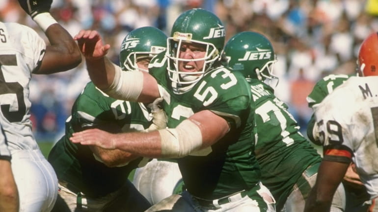 Offensive tackle Jim Sweeney of the Jets in action during a...