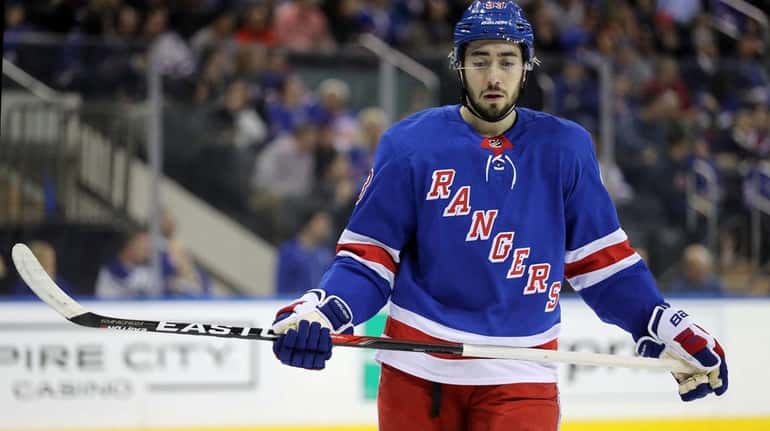 The Rangers' Mika Zibanejad reacts during a game against the...