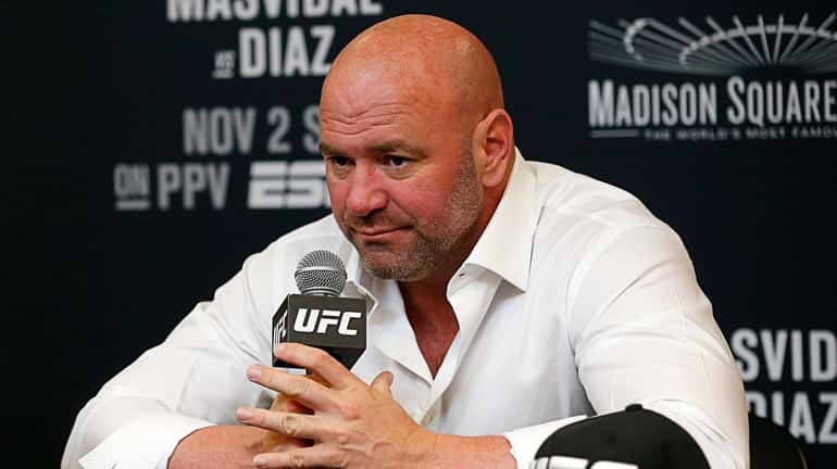 Dana White speaks during the press conference after the UFC...
