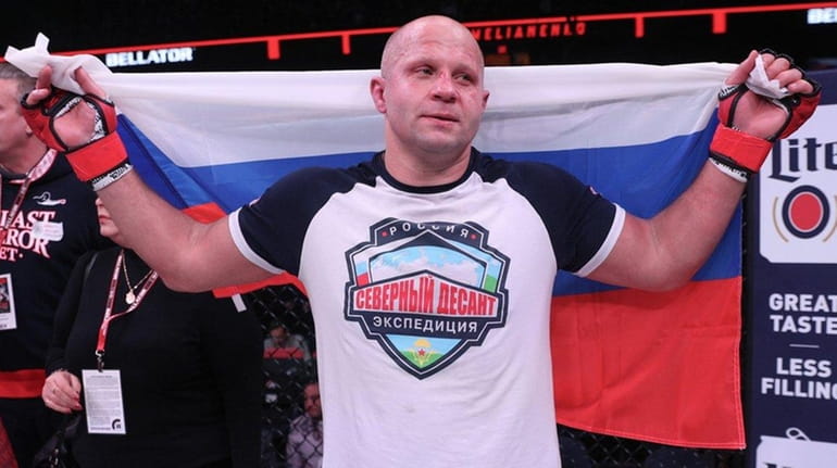 Fedor Emelianenko, in the black shorts, defeated Frank Mir by...