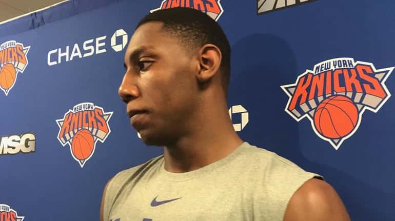 RJ Barrett answers questions from reporters after working out for...