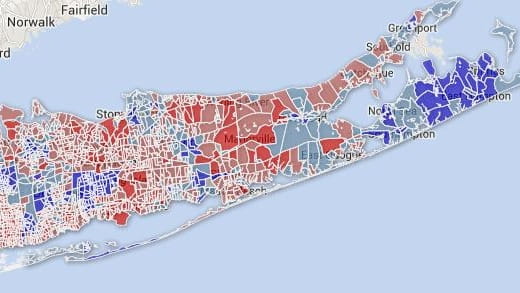 This map shows the Long Island election districts won by...