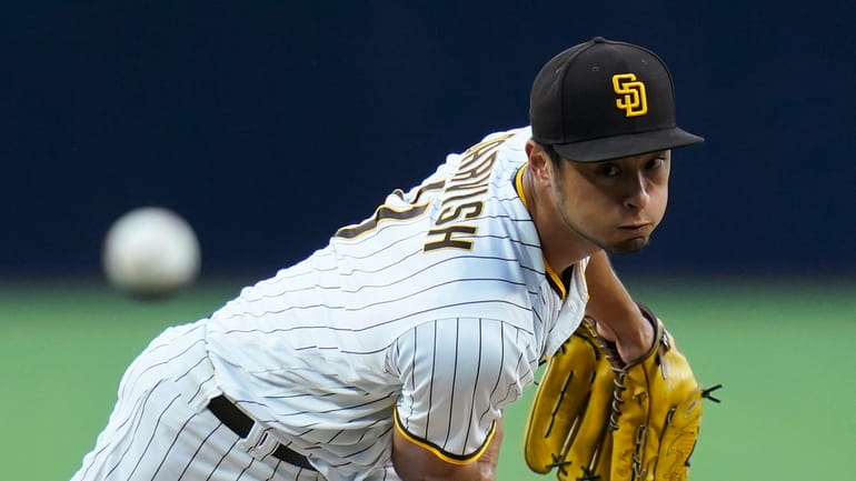 San Diego Padres starting pitcher Yu Darvish works against a...