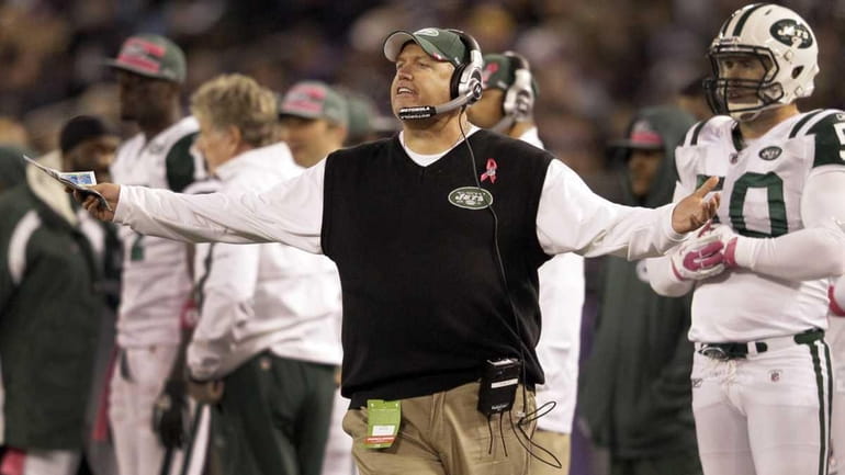 New York Jets head coach Rex Ryan reacts to a...