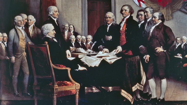 A painting of the Declaration of Independence being signed, by...