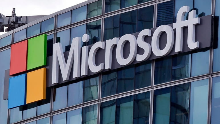 The Microsoft logo is seen in Issy-les-Moulineaux, outside Paris, France,...