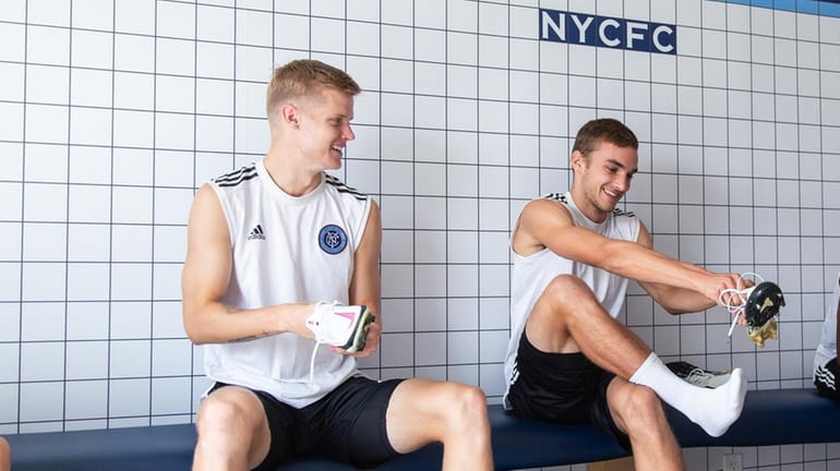 NYCFC midfielders Keaton Parks (left) and James Sands before a...