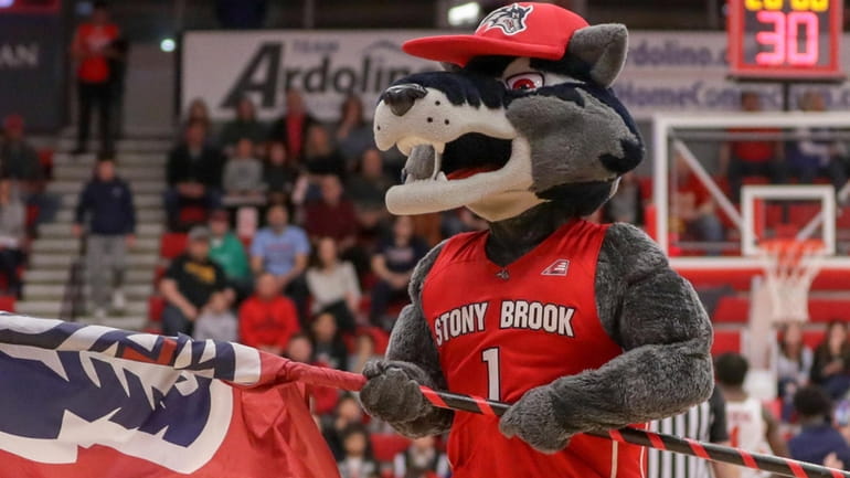 Stony Brook University mascot Wolfie pumps up the crowd before...