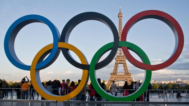 Olympic rings are set up at Trocadero plaza that overlooks...