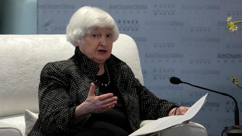 U.S. Treasury Secretary Janet Yellen speaks during the AmCham China...