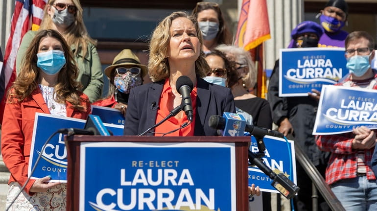 Nassau County Executive Laura Curran gathers with supporters to announce...