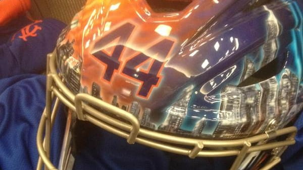 Mets catcher John Buck's customized helmet. (April 4, 2013)