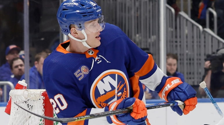 Hudson Fasching #20 of the New York Islanders skates against...
