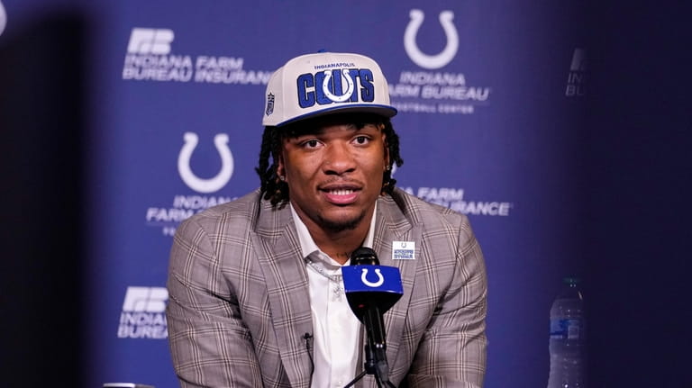 Indianapolis Colts first-round draft Anthony Richardson speaks during a press...