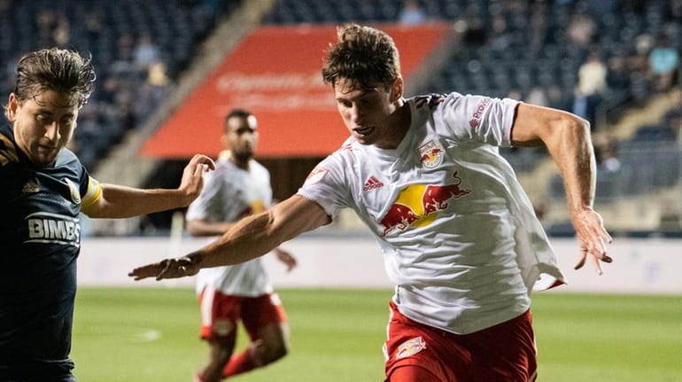 Red Bulls centerback Sean Nealis defends during a match agains...