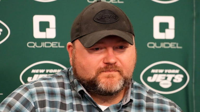 Jets general manager Joe Douglas speaking to the media at...