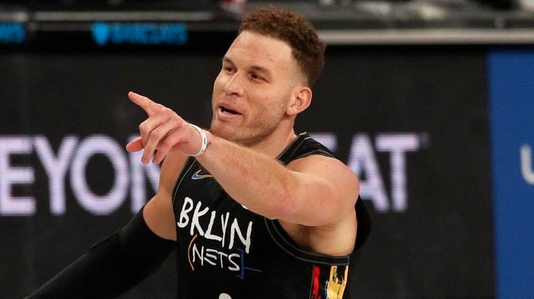 Blake Griffin #2 of the Brooklyn Nets reacts during the...