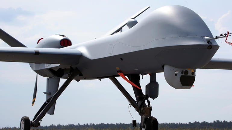 An MQ9 Predator drone is displayed at the Berlin Air...