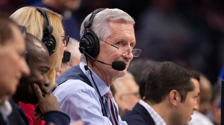 Mike Breen calls the 76ers-Celtics game at the Wells Fargo Center...