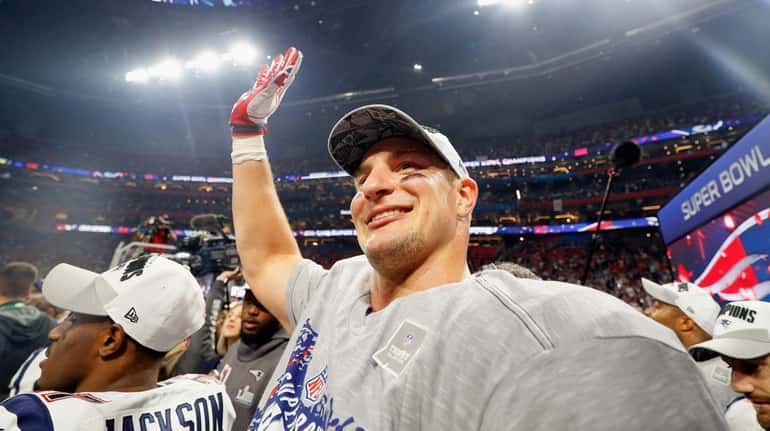 Rob Gronkowski #87 of the New England Patriots celebrates his...