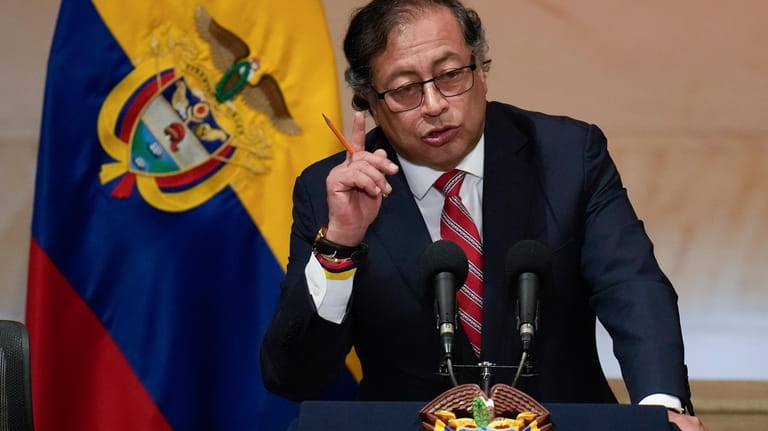 Colombia's President Gustavo Petro delivers a speech during the inauguration...