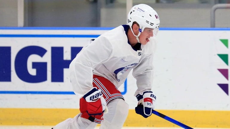 Nils Lundkvist skates during Rangers rookie camp at the MSG...