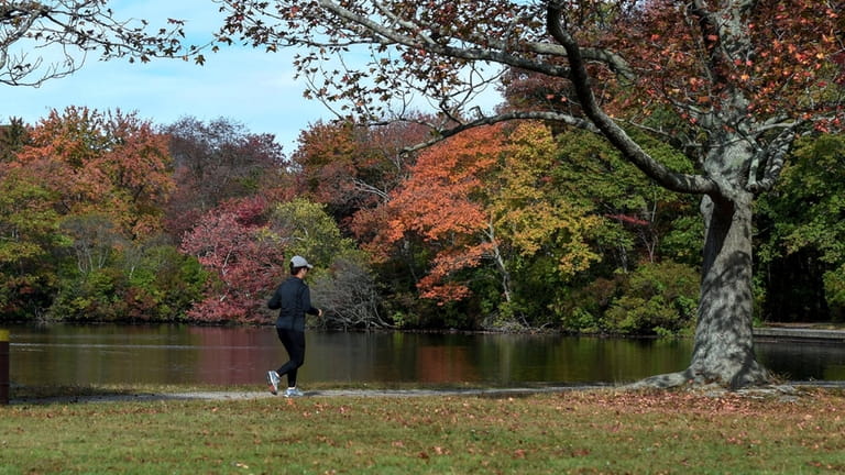 A woman takes a jog along the path at Belmont Lake...