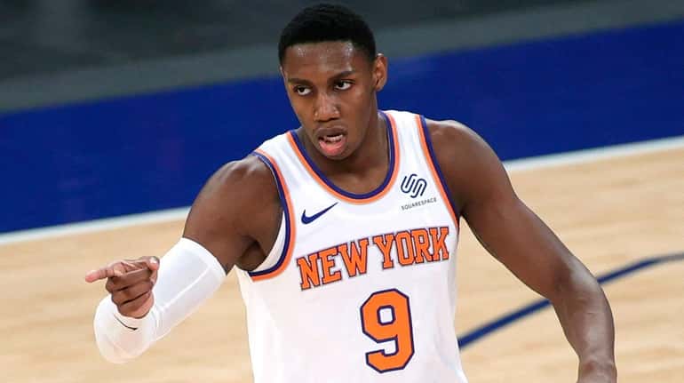 The Knicks' RJ Barrett reacts after scoring during the second...