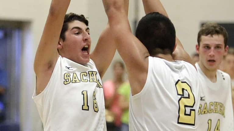 Sachem North's Dan LaRosa (16) and Matt Grace (2) high-five...