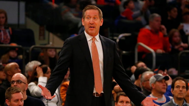 Head coach Jeff Hornacek of the Knicks reacts during the...