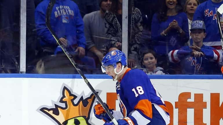Ryan Strome of the New York Islanders celebrates his second...