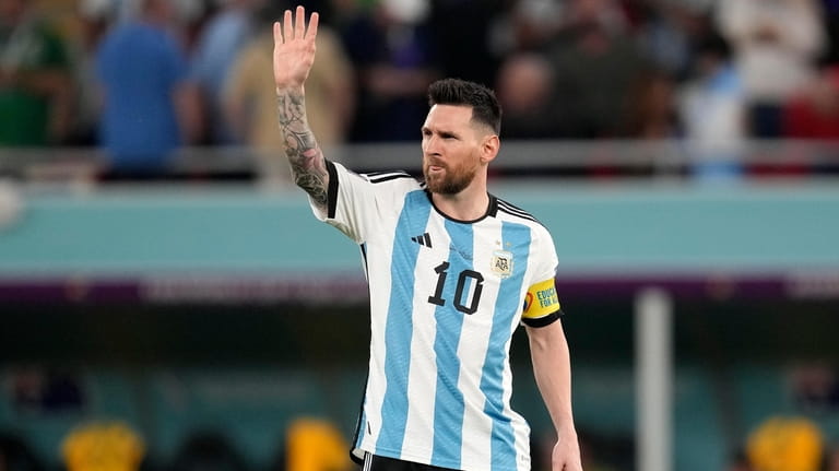 Argentina's Lionel Messi gestures during the World Cup round of...