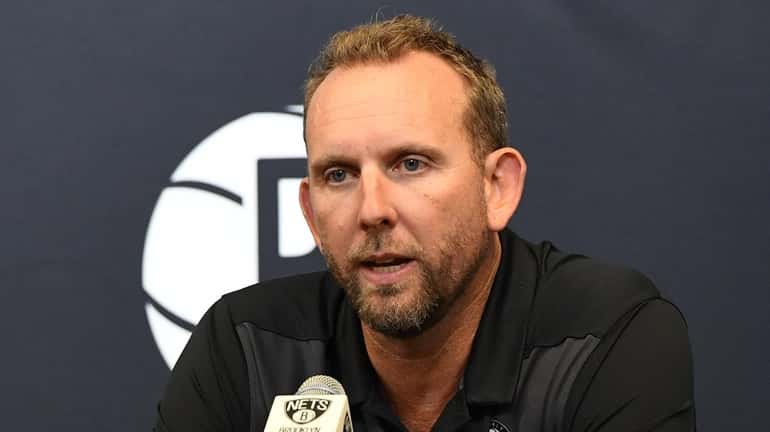 Nets general manager Sean Marks speaks to the media during...