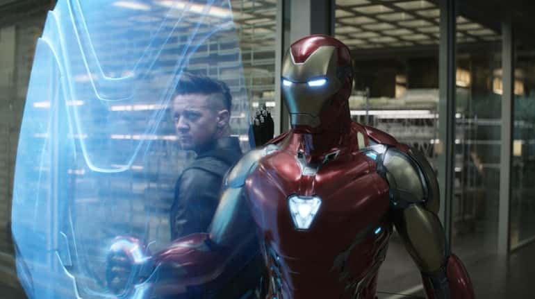 Hawkeye Jeremy Renner, left, and Iron Man Robert Downey Jr. in "Avengers: Endgame."