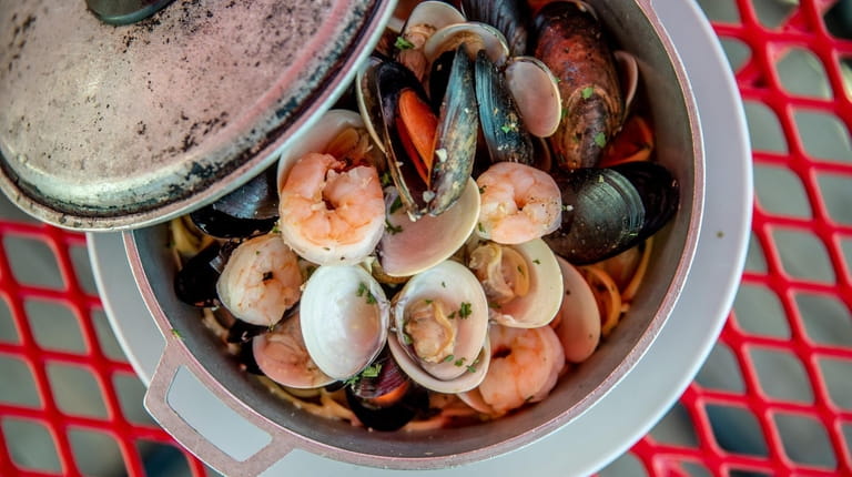 The seafood bucket of shrimp, mussels and clams at Cherry's...