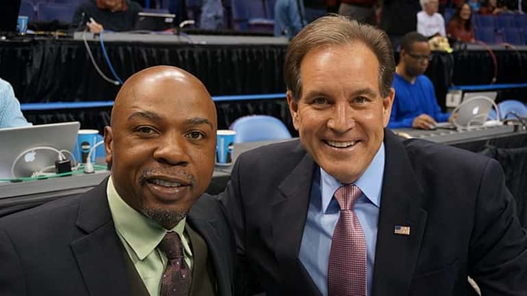 CBS NCAA basketball analyst Greg Anthony, left, and play-by-play announcer...