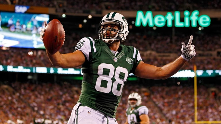Tight end Jace Amaro of the Jets celebrates a touchdown...