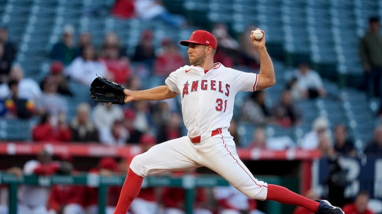 Los Angeles Angels starting pitcher Tyler Anderson throws during the...