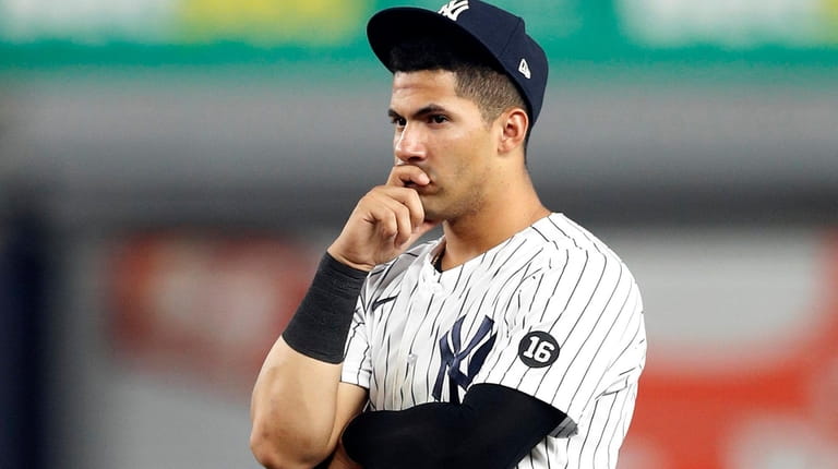 Gleyber Torres of the Yankees looks on during the fifth inning...