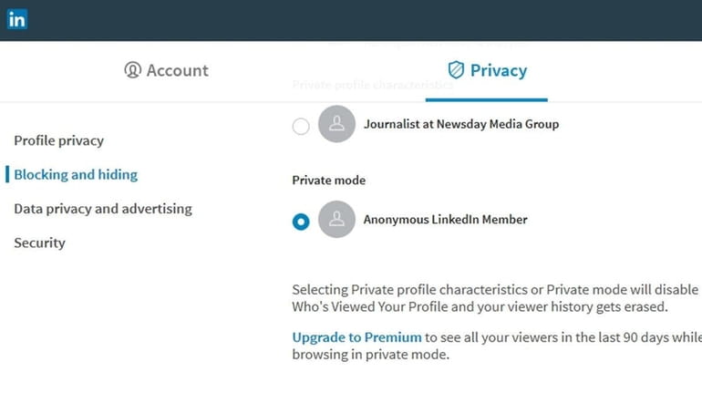 To browse anonymously   on Linked In,   select Private mode.