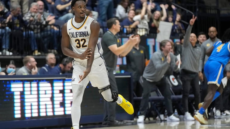 California guard Jalen Celestine (32) reacts after making a 3-point...