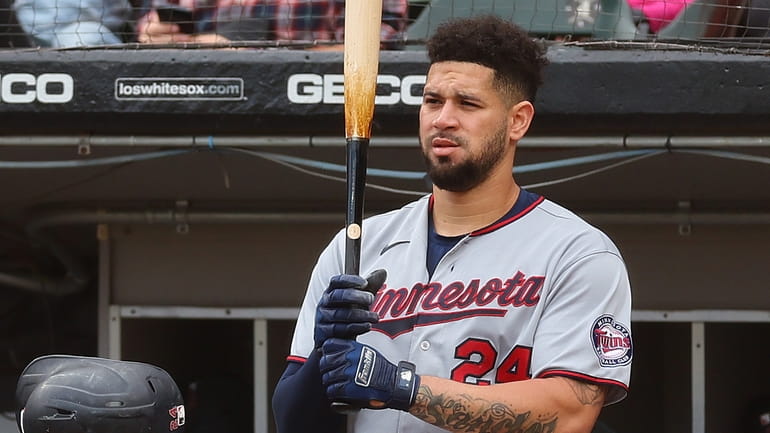 Gary Sanchez #24 of the Minnesota Twins looks on against...