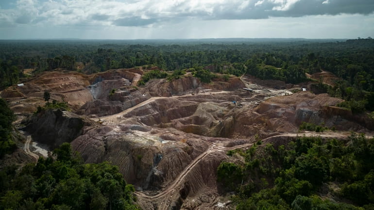 An aerial view of the Tassawini gold mining operation, in...