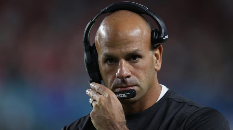 49ers defensive coordinator Robert Saleh looks on against Kansas City during...