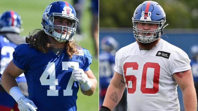 This Newsday composite image shows Giants linebacker Jake Carlock, left,...