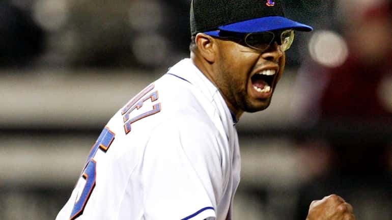 Mets reliever Francisco Rodriguez reacts after getting Philadelphia's Jayson Werth...
