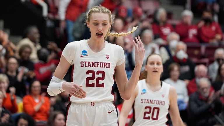 Stanford forward Cameron Brink (22) reacts during the second half...